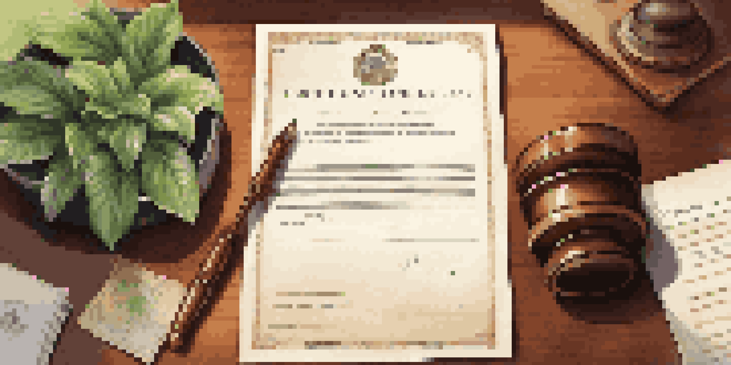 A close-up of a legal document with a court order stamp and a gavel on a wooden desk, with a potted plant in the background.