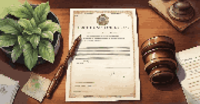 A close-up of a legal document with a court order stamp and a gavel on a wooden desk, with a potted plant in the background.