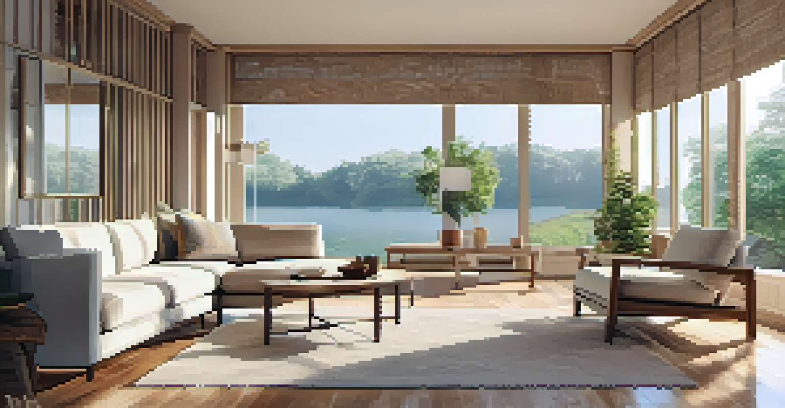 A bright living room with large energy-efficient windows, neutral-colored decor, and eco-friendly furniture, enhanced by natural light.