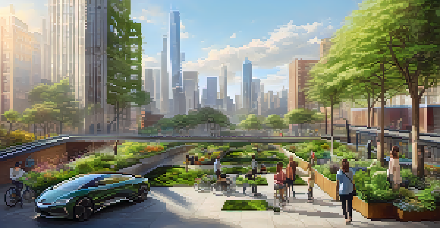 A modern city skyline featuring green rooftops and electric vehicles, with people enjoying outdoor spaces.