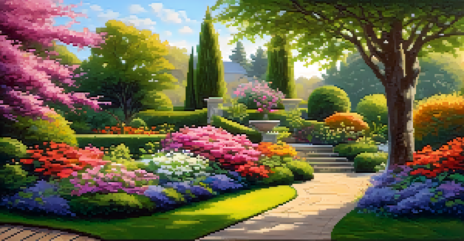 A vibrant garden with colorful flowers, a wooden bench, and a sunny atmosphere.