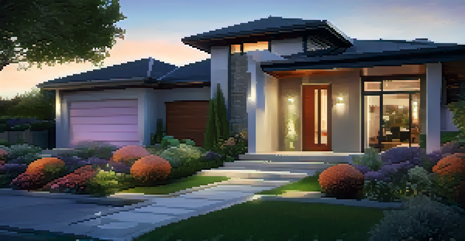 An outdoor view of a modern home with smart security devices, including a doorbell camera and illuminated pathway.