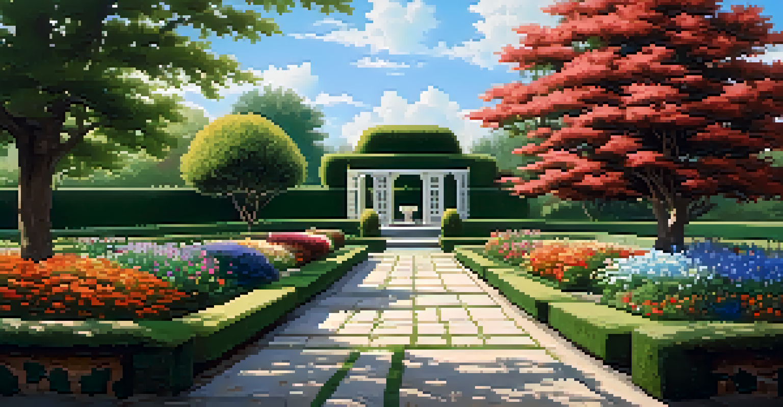 A beautiful garden filled with colorful flowers and a stone pathway, featuring a wooden bench under a large tree.