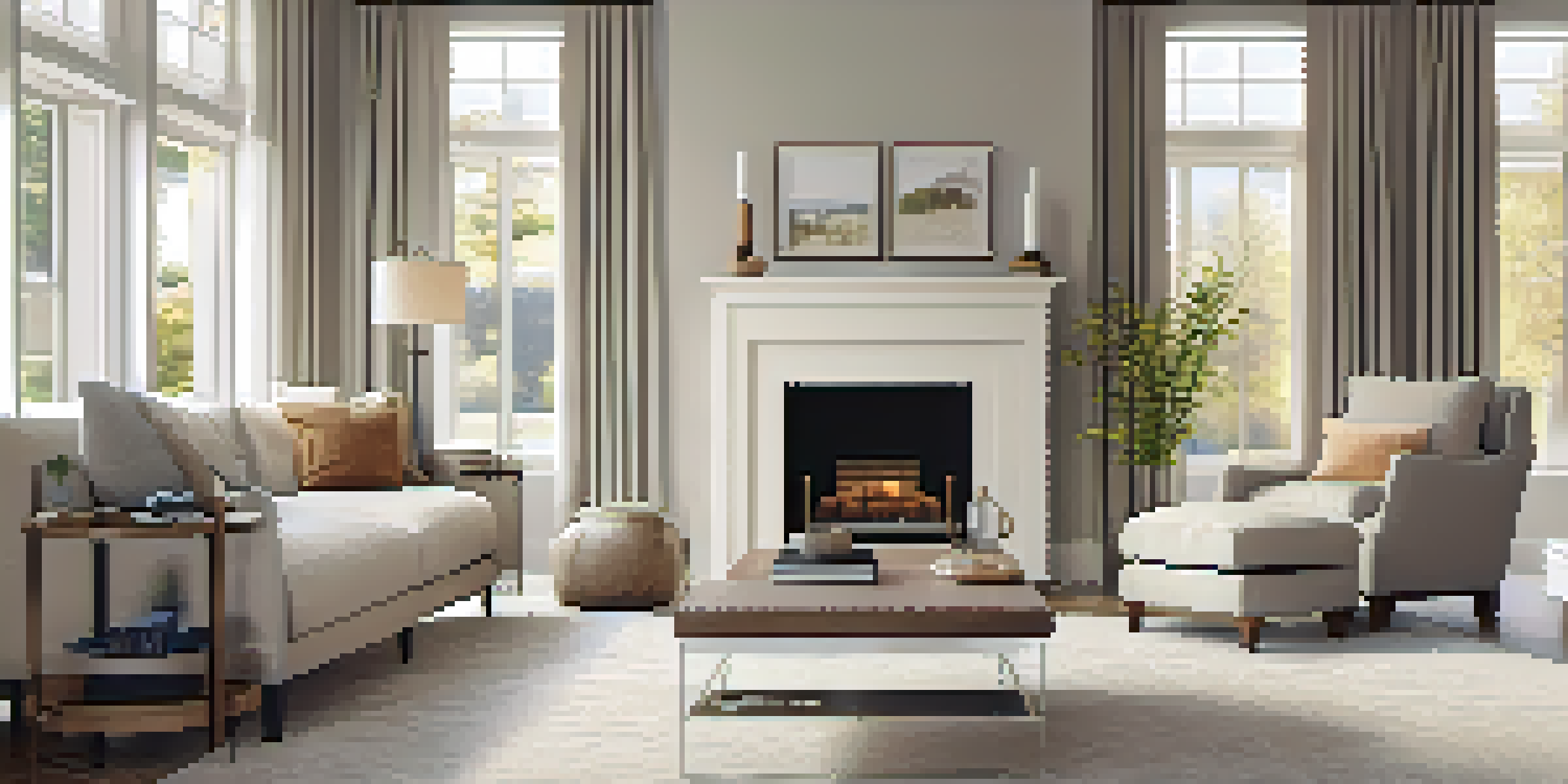 A beautifully staged living room with neutral colors, natural light, and minimal furniture, highlighting a cozy fireplace.