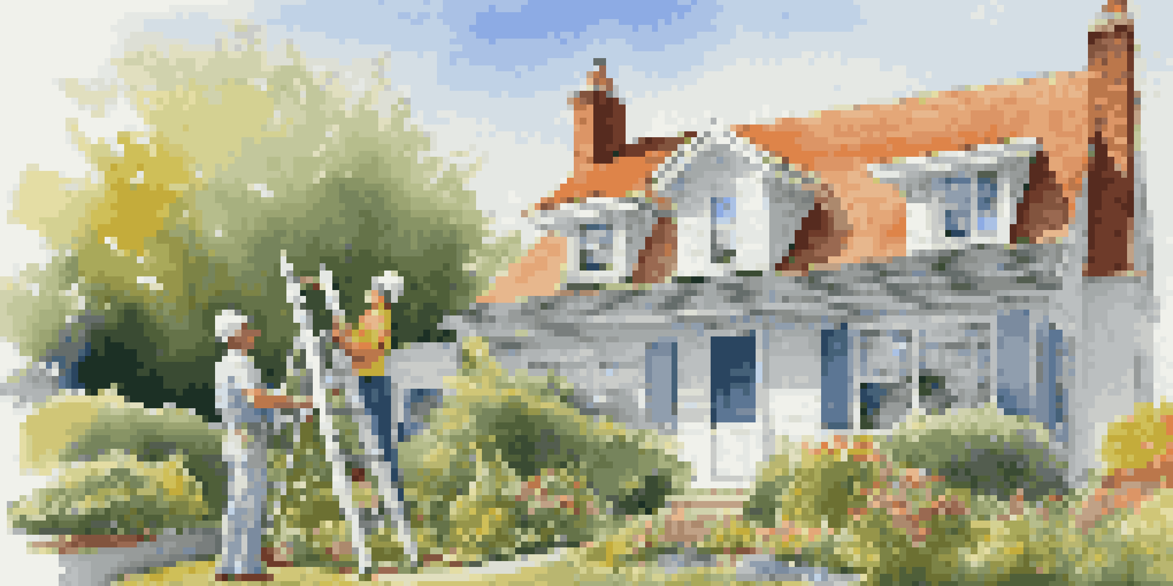 A home inspector on a ladder inspecting the roof of a house under a clear blue sky, with a clipboard and safety gear.