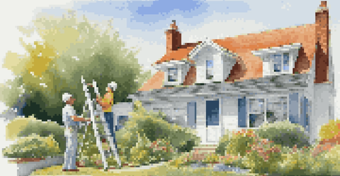 A home inspector on a ladder inspecting the roof of a house under a clear blue sky, with a clipboard and safety gear.