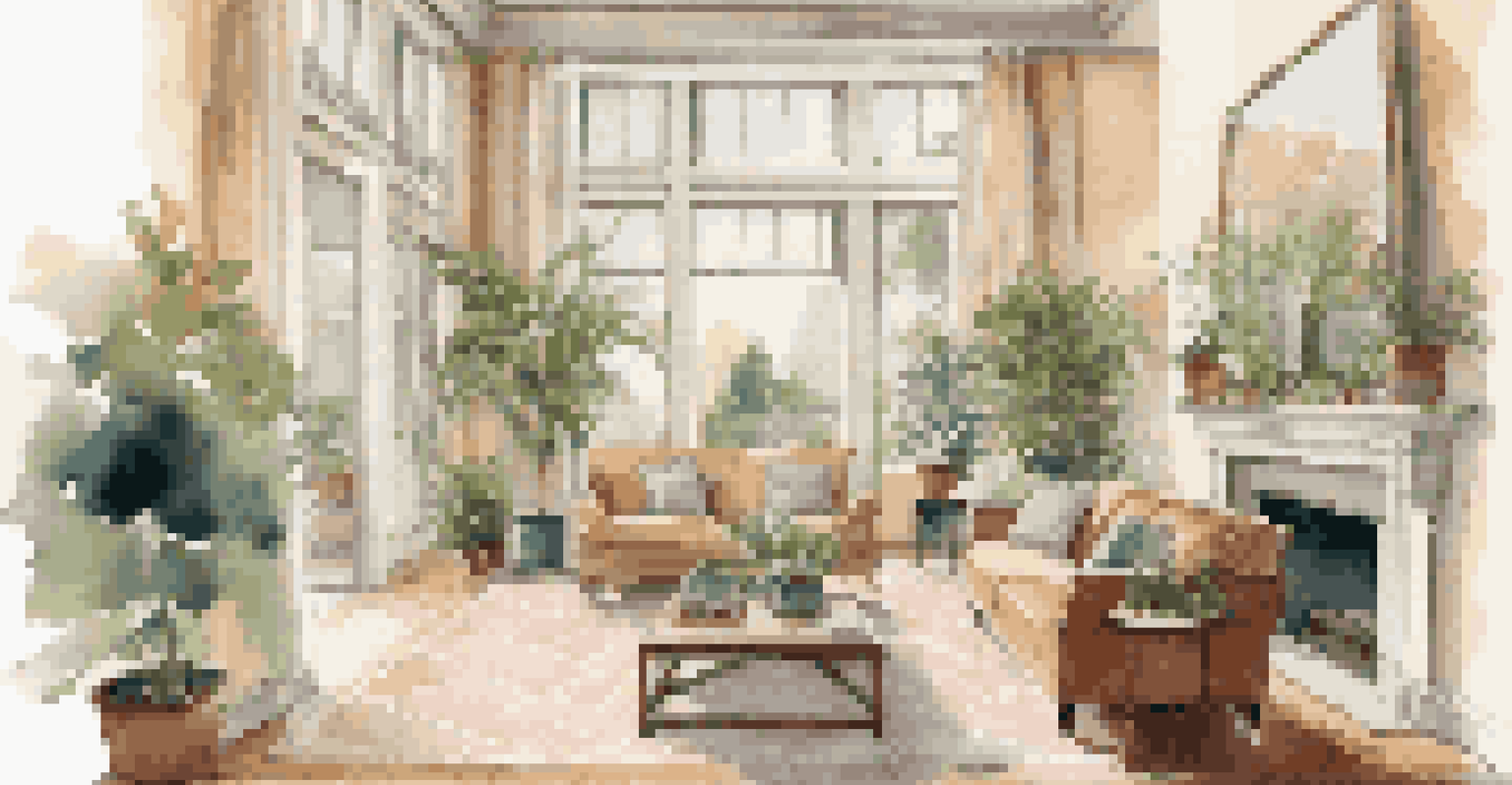 A spacious living room with high ceilings, transom windows, and comfortable furniture, promoting natural ventilation.