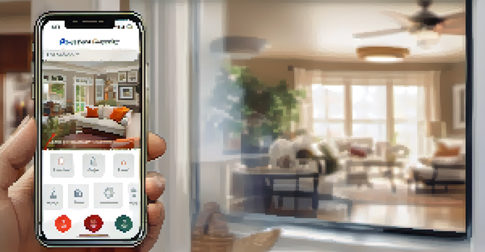 A close-up of a smartphone showing a smart security app with live video feeds and alerts, set against a cozy home background.