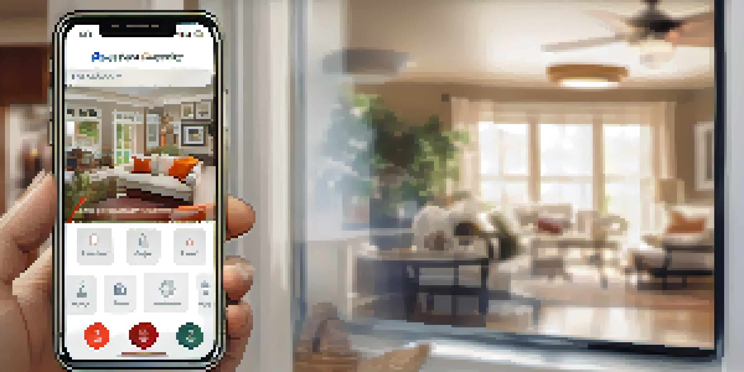 A close-up of a smartphone showing a smart security app with live video feeds and alerts, set against a cozy home background.
