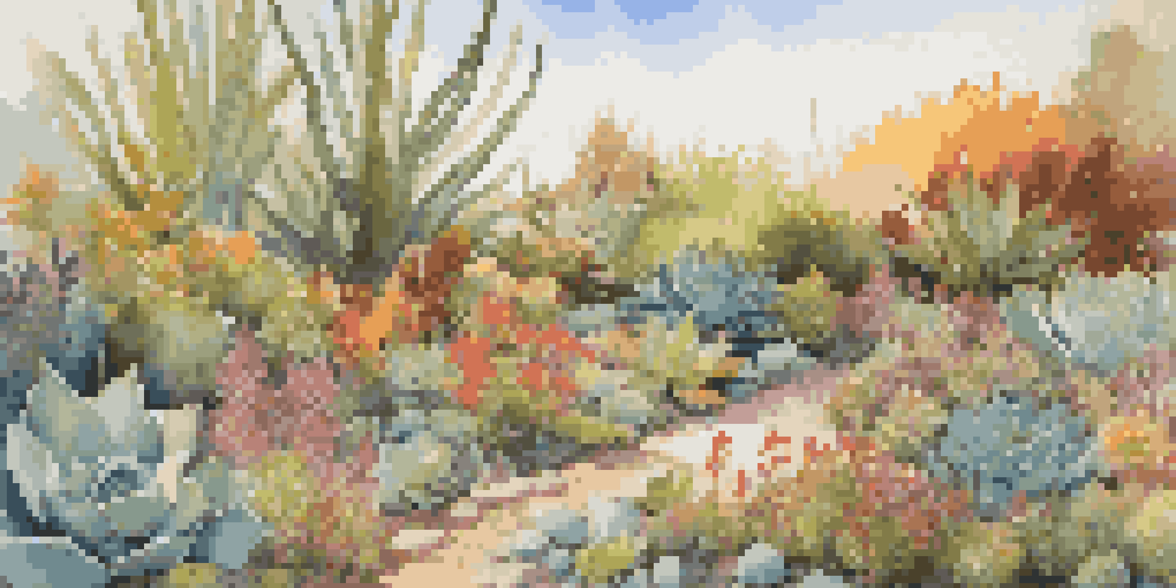 A bright garden filled with native plants like wildflowers and succulents, with organic mulch in the foreground and sunlight illuminating the scene.