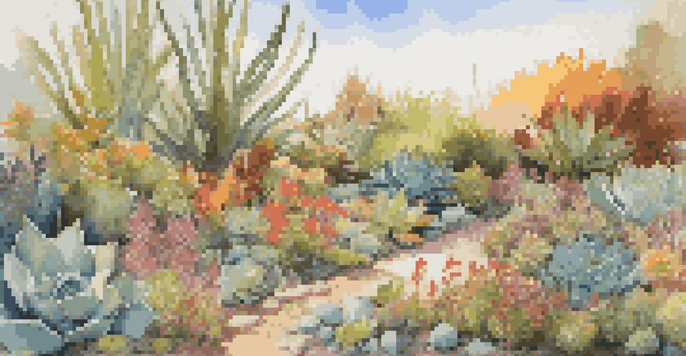 A bright garden filled with native plants like wildflowers and succulents, with organic mulch in the foreground and sunlight illuminating the scene.