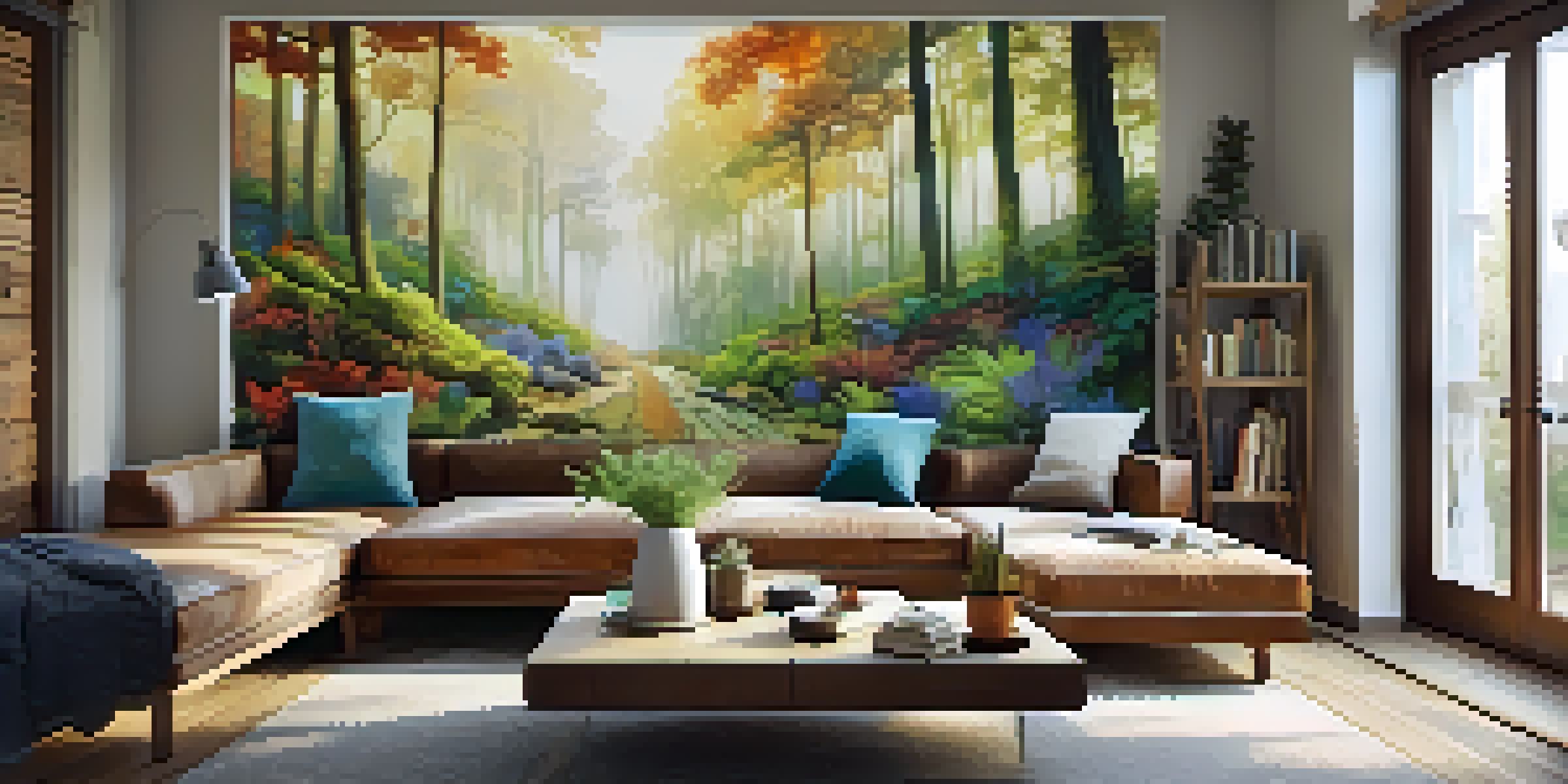 A cozy living room with a forest mural, eco-friendly furniture, and plants, showcasing a connection with nature.