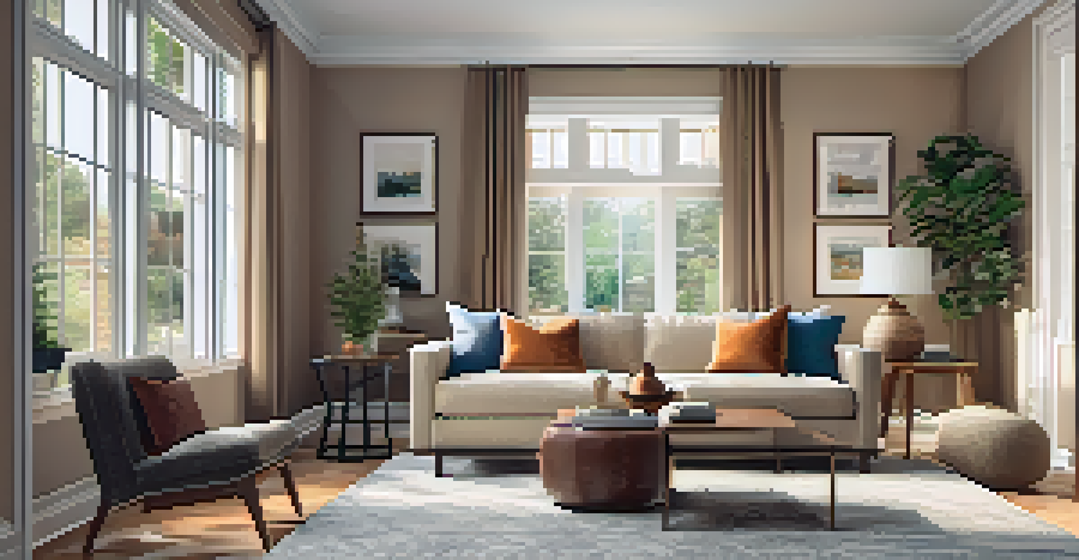 A beautifully decorated living room in a property for sale, featuring a cozy sofa and large windows with daylight streaming in.