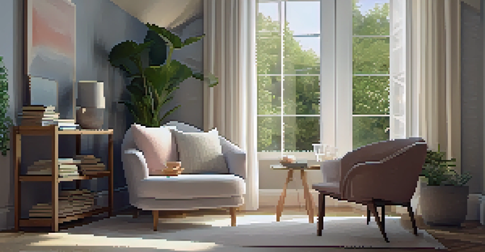 A cozy corner with an armchair, knitted blanket, cushions, a side table with tea and books, and warm lighting.