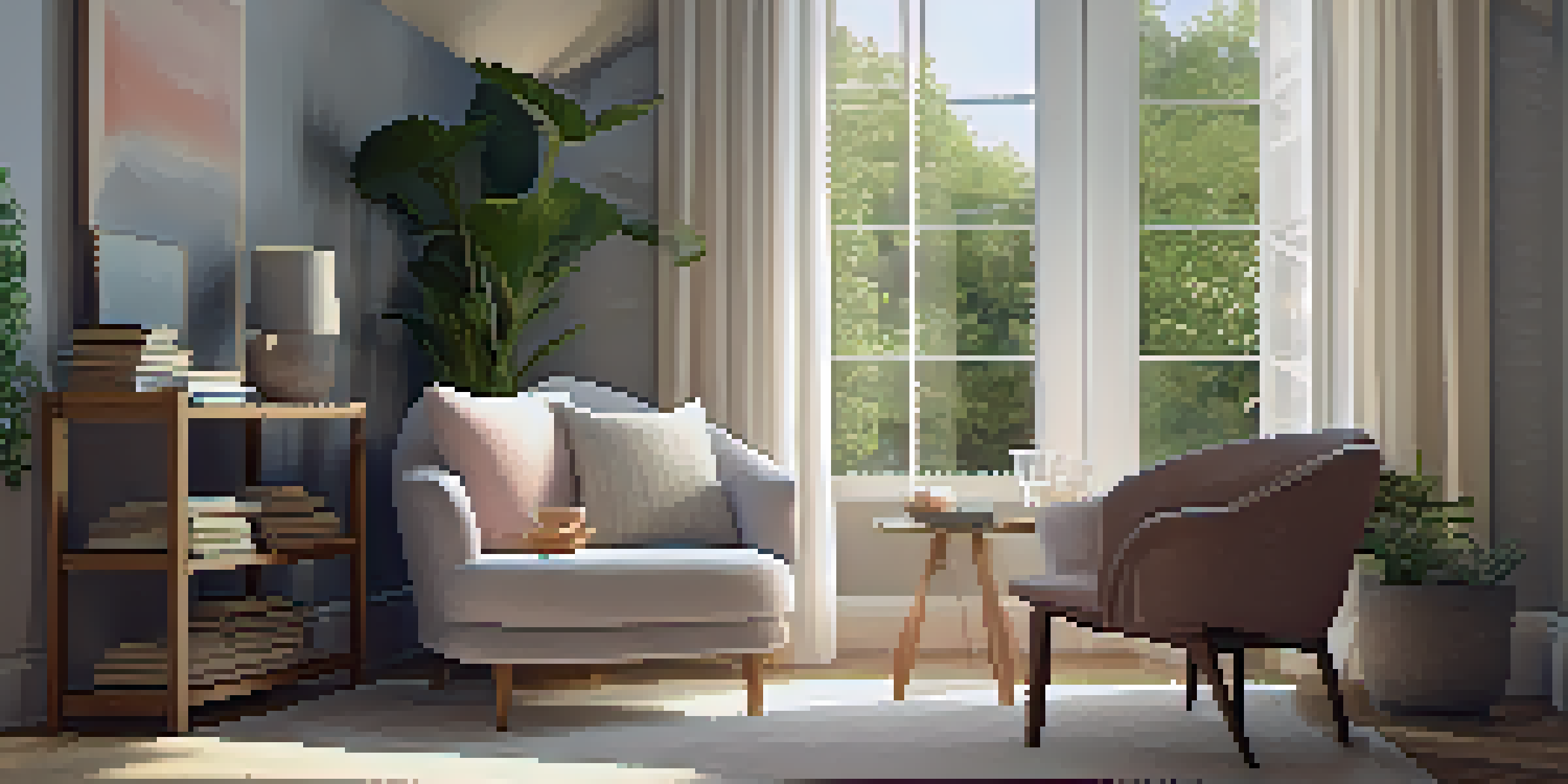 A cozy corner with an armchair, knitted blanket, cushions, a side table with tea and books, and warm lighting.