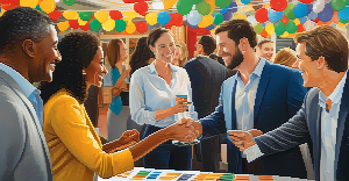 A lively networking event with real estate professionals interacting, surrounded by colorful banners and tables with marketing materials.