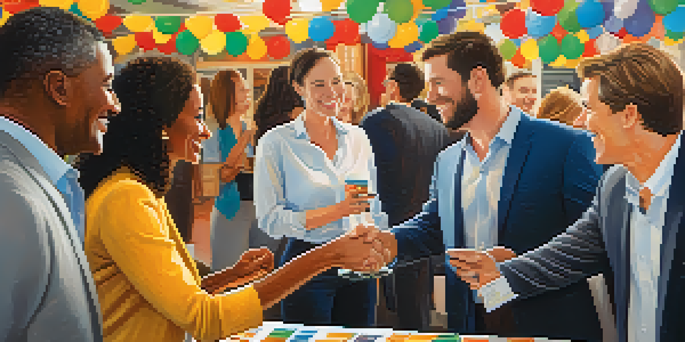 A lively networking event with real estate professionals interacting, surrounded by colorful banners and tables with marketing materials.