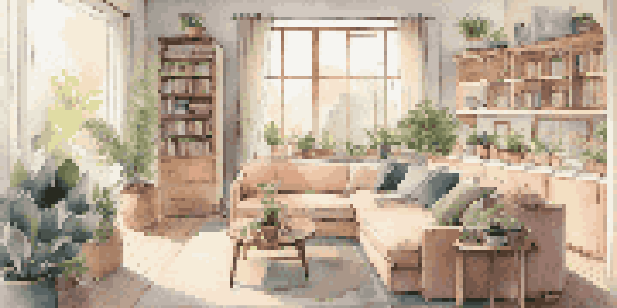 A cozy living room with a sofa bed, foldable dining table, and pastel colors, showcasing wall-mounted shelves with books and plants.