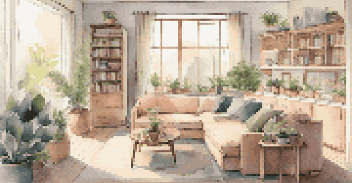A cozy living room with a sofa bed, foldable dining table, and pastel colors, showcasing wall-mounted shelves with books and plants.