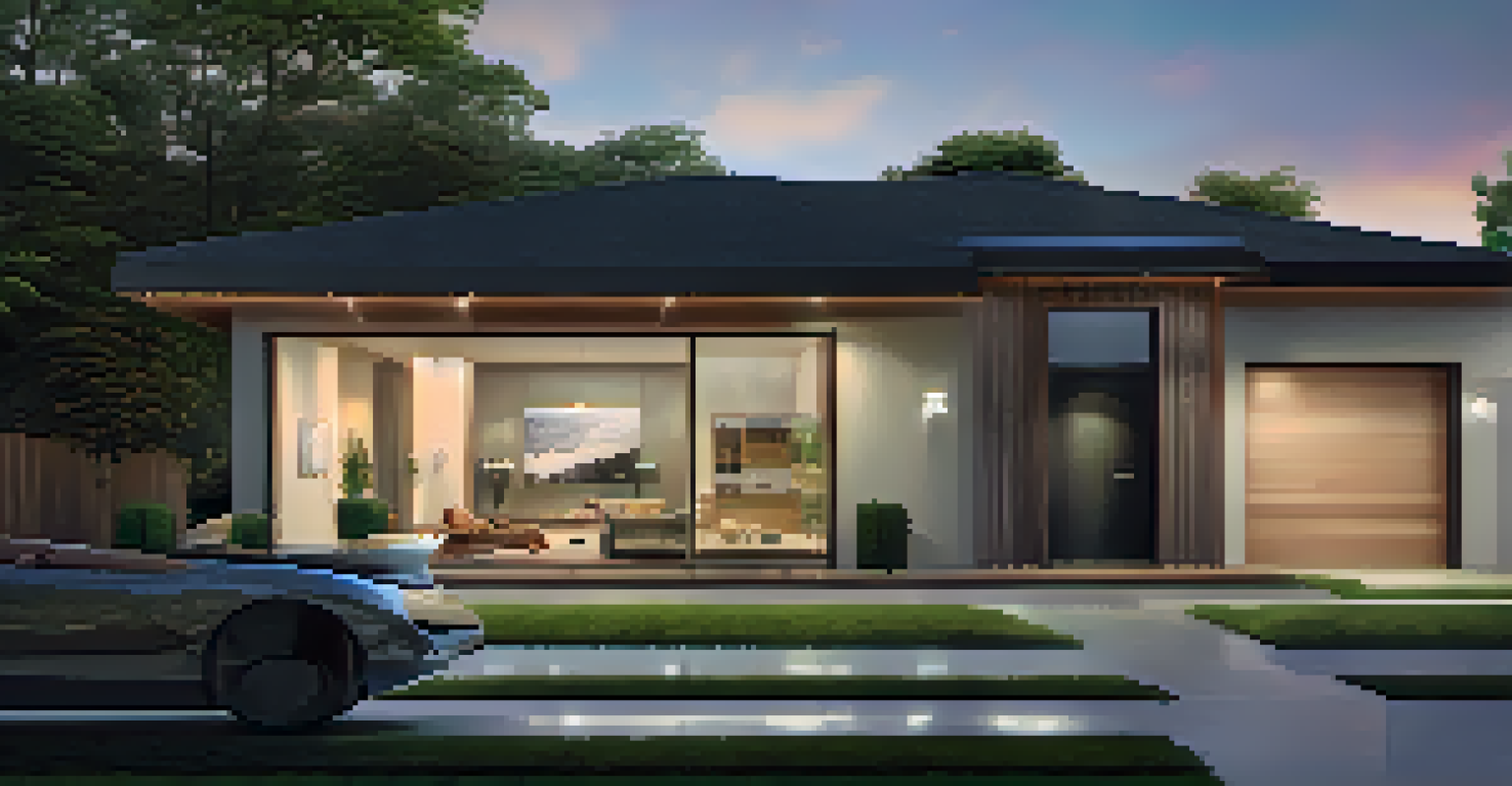 An exterior view of a modern house with smart security features, illuminated at dusk, with a family interacting with a smart doorbell.