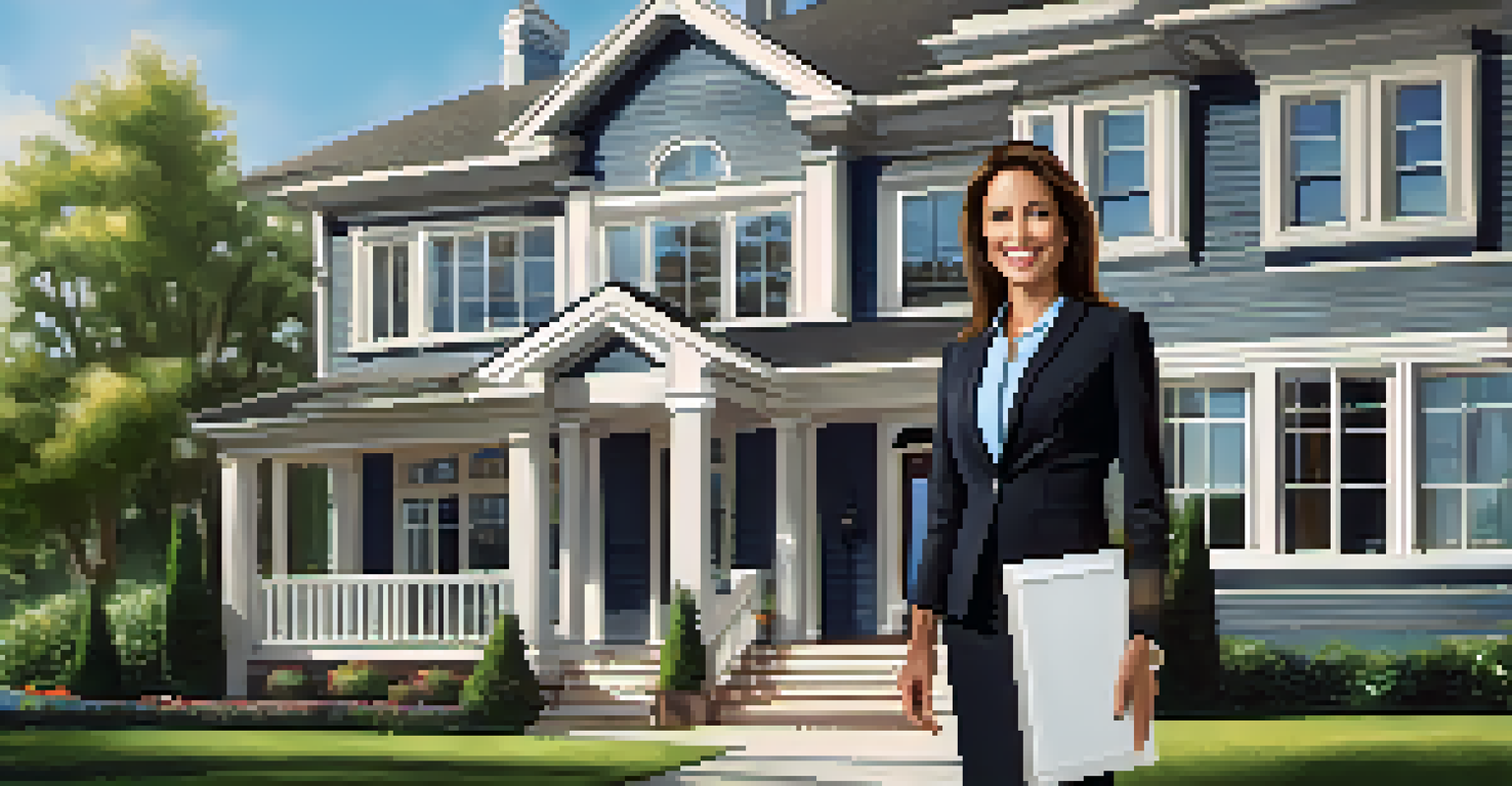 A confident real estate agent in business attire holding a tablet, standing in front of a well-staged home with a manicured lawn.