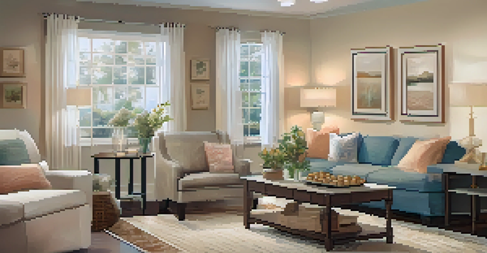 A warm and inviting living room in an open house, with a display board of client testimonials.