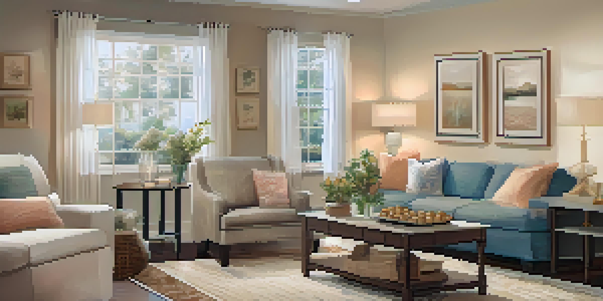 A warm and inviting living room in an open house, with a display board of client testimonials.