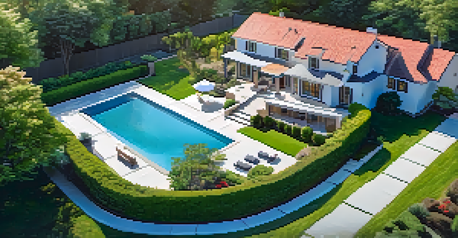 An aerial view of a beautiful residential property with a garden and pool, featuring a virtual tour interface overlay.