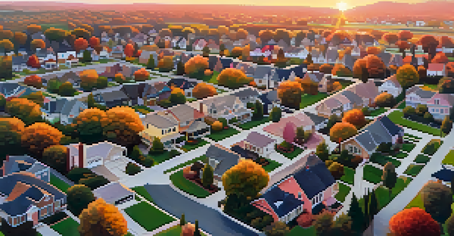 An aerial view of a suburban neighborhood at sunset, with houses and trees under a colorful sky.