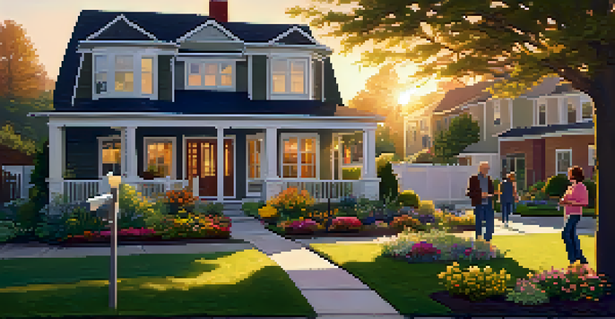 A peaceful suburban neighborhood with single-story homes and older adults in a community garden during sunset.