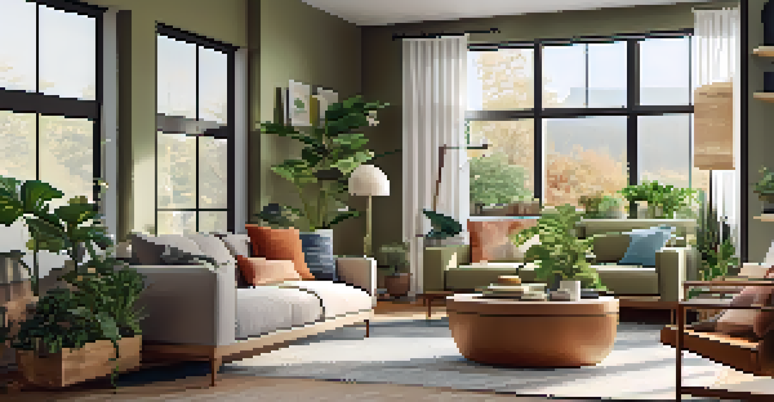 Modern living room with energy-efficient appliances, large windows, plants, and sustainable furniture.