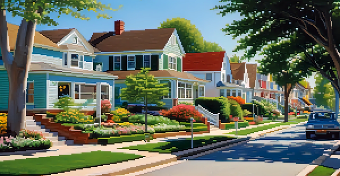 A vibrant suburban neighborhood with diverse houses, gardens, and children playing in front yards under a clear sky.