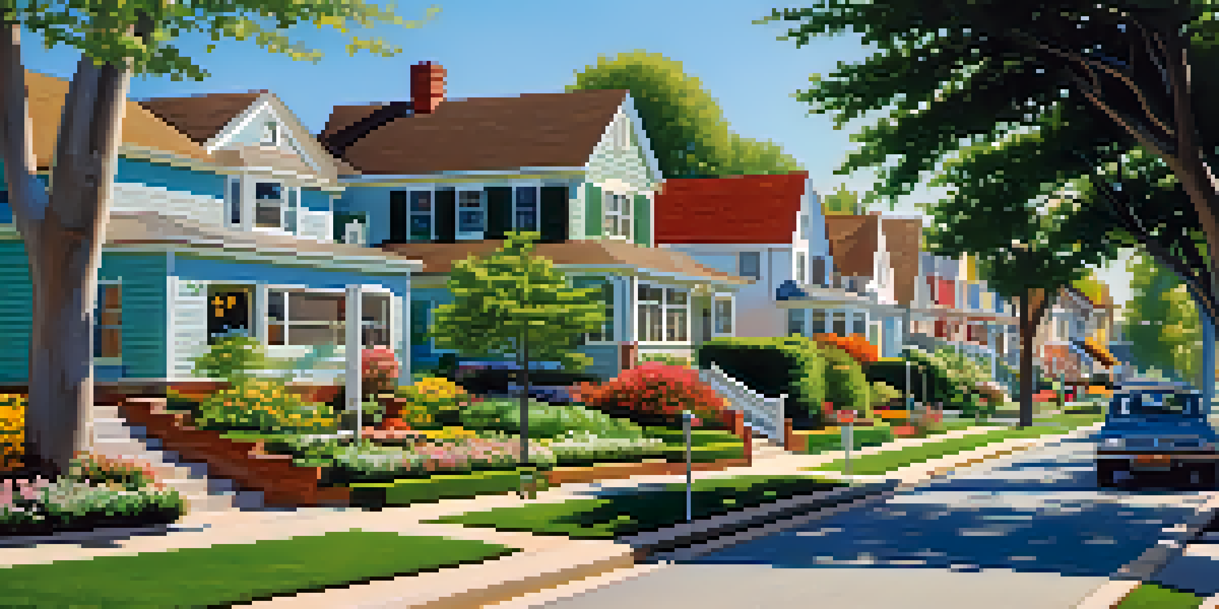 A vibrant suburban neighborhood with diverse houses, gardens, and children playing in front yards under a clear sky.