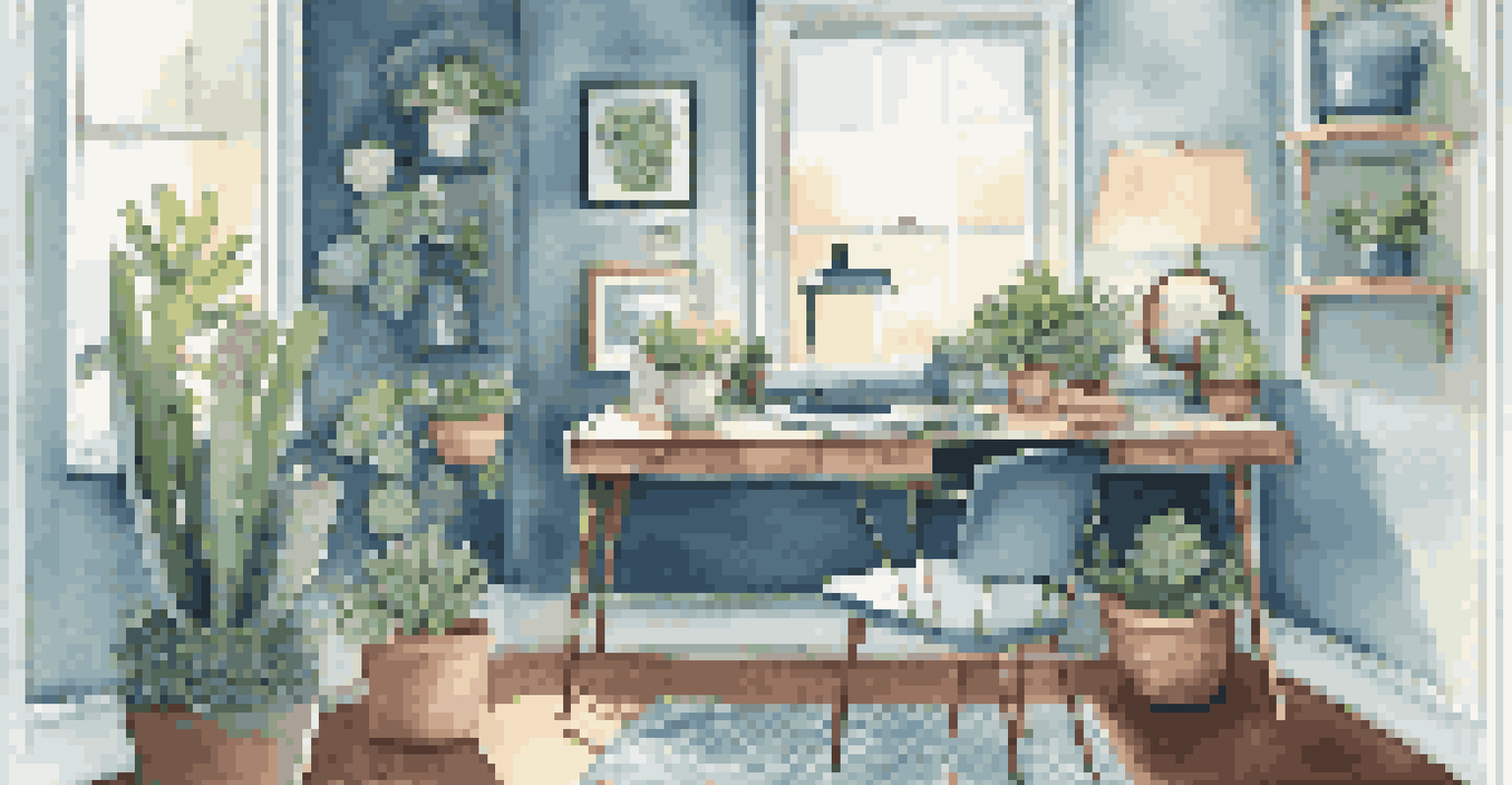 A chic home office corner with a sleek desk, whimsical chair, and succulents, bathed in warm light.