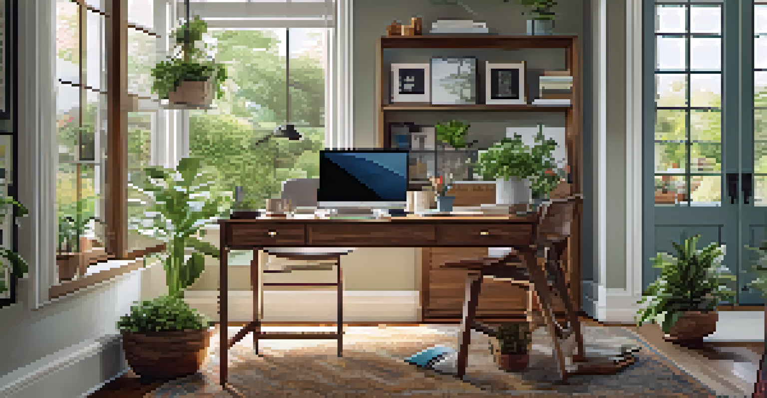 A cozy home office in a suburban house with a stylish desk, plants, and a view of the garden through a large window, filled with natural light.