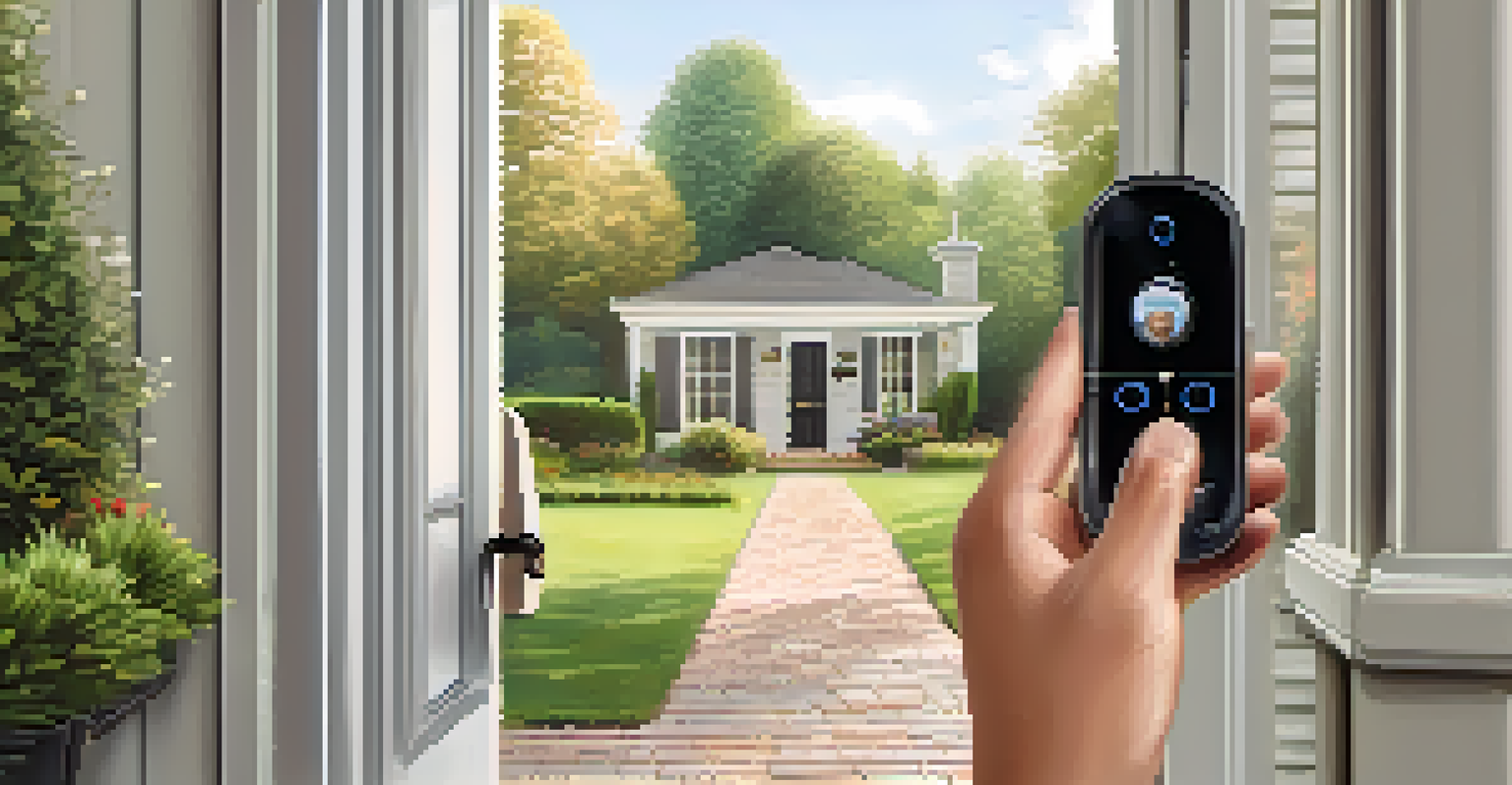 An elderly person interacting with a smart doorbell, viewing a video feed on their smartphone. The scene includes a beautiful garden and a welcoming entrance, highlighting home security and accessibility.