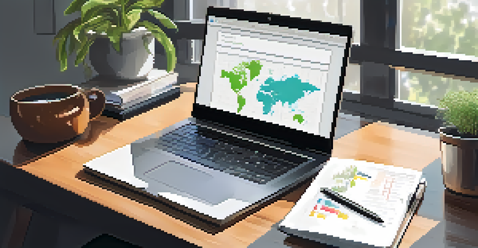 A close-up view of a financial planner's desk with a laptop, notepad with graphs, and a cup of tea, all arranged neatly with a potted plant.