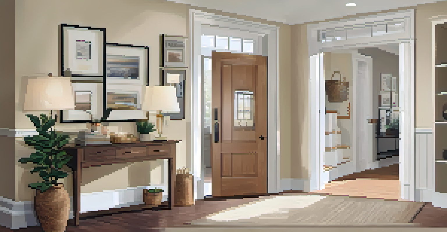 A cozy entryway with a welcome mat, family photos, and natural light creating a warm and inviting space.