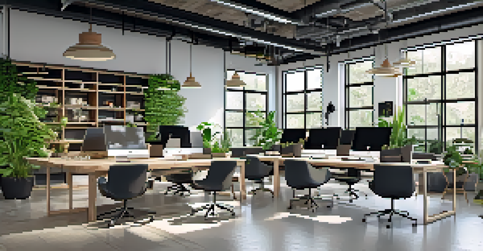 A collaborative open concept office with a large wooden table, glass walls, and a view of a garden, designed for creativity and teamwork.