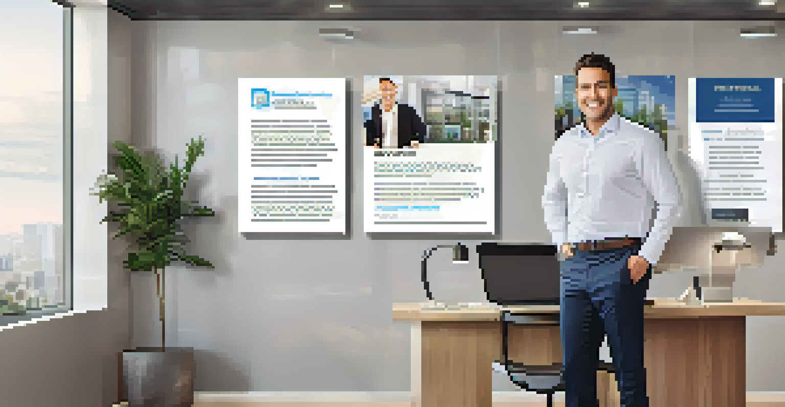 A confident real estate agent in an office with testimonials displayed on the wall, showcasing professionalism and modern decor.