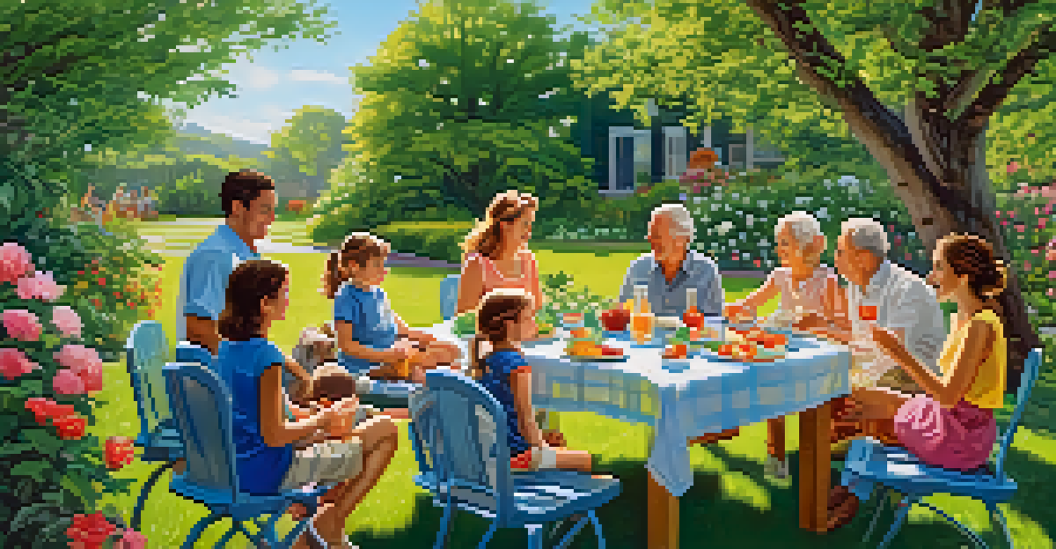 A vibrant backyard picnic with a family enjoying a meal together, surrounded by flowers and children playing.