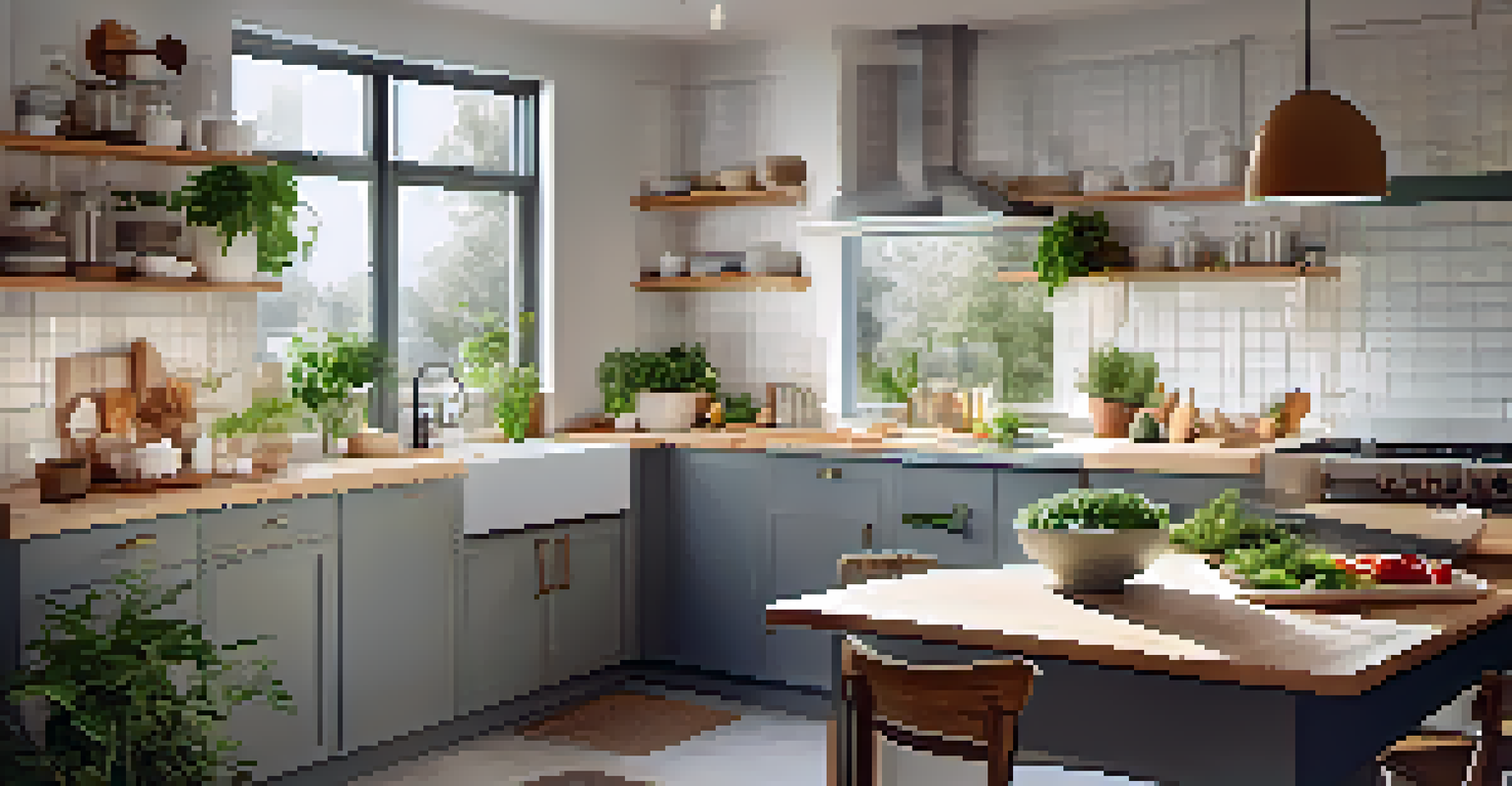A bright kitchen with natural light, modern fixtures, and a family member cooking.