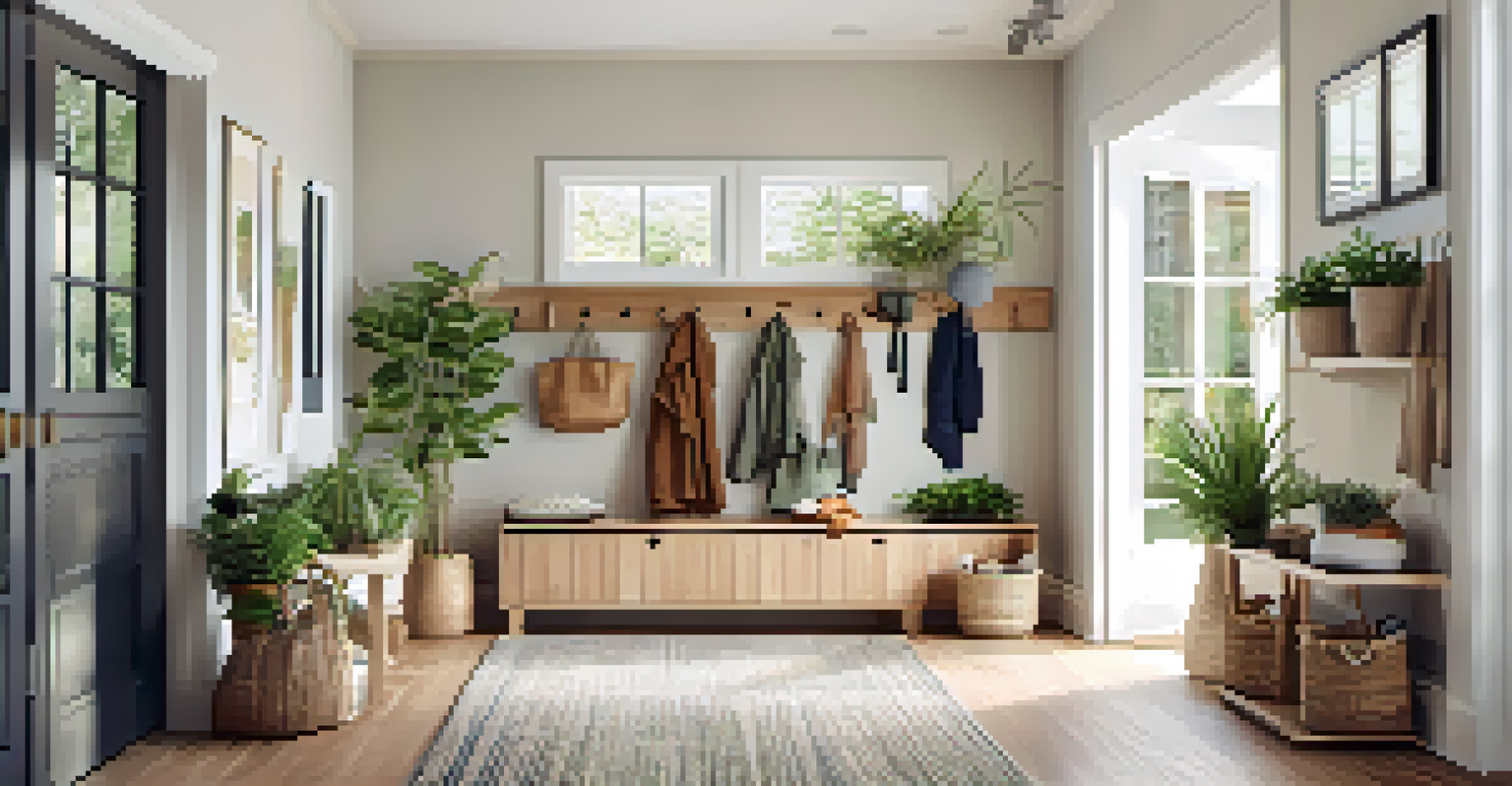 An organized open entryway with vertical storage, a built-in bench, and greenery from hanging planters, filled with natural light.