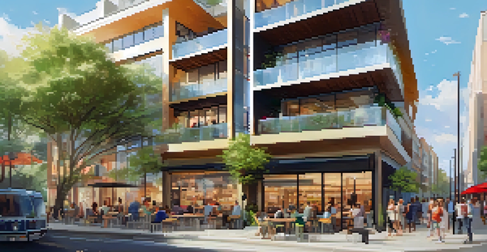 A lively mixed-use property with retail shops, office spaces, and apartments, populated by people enjoying a sunny day.