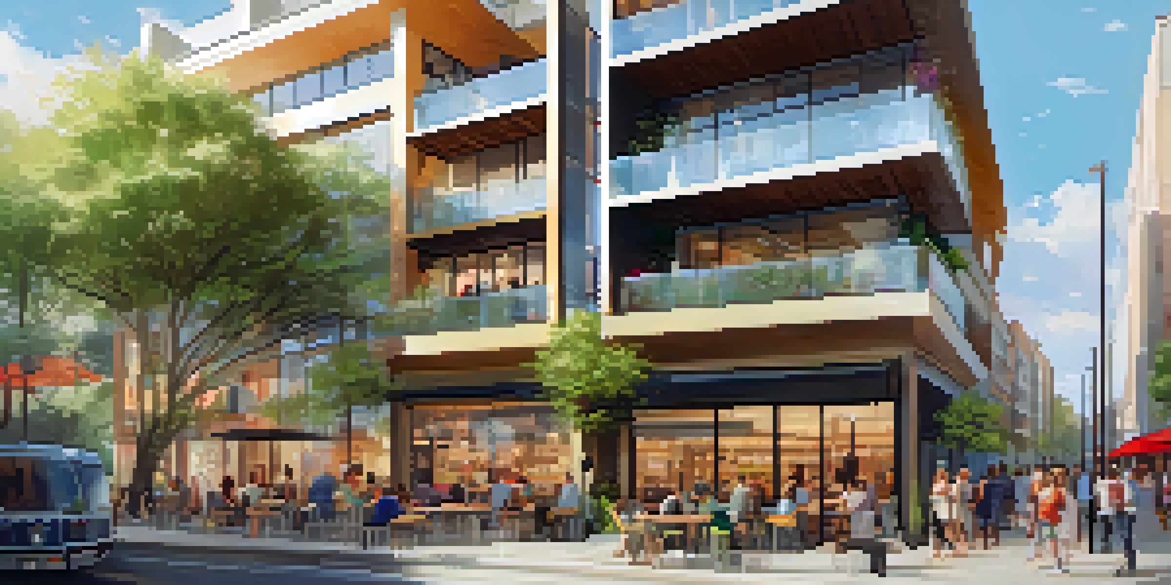 A lively mixed-use property with retail shops, office spaces, and apartments, populated by people enjoying a sunny day.