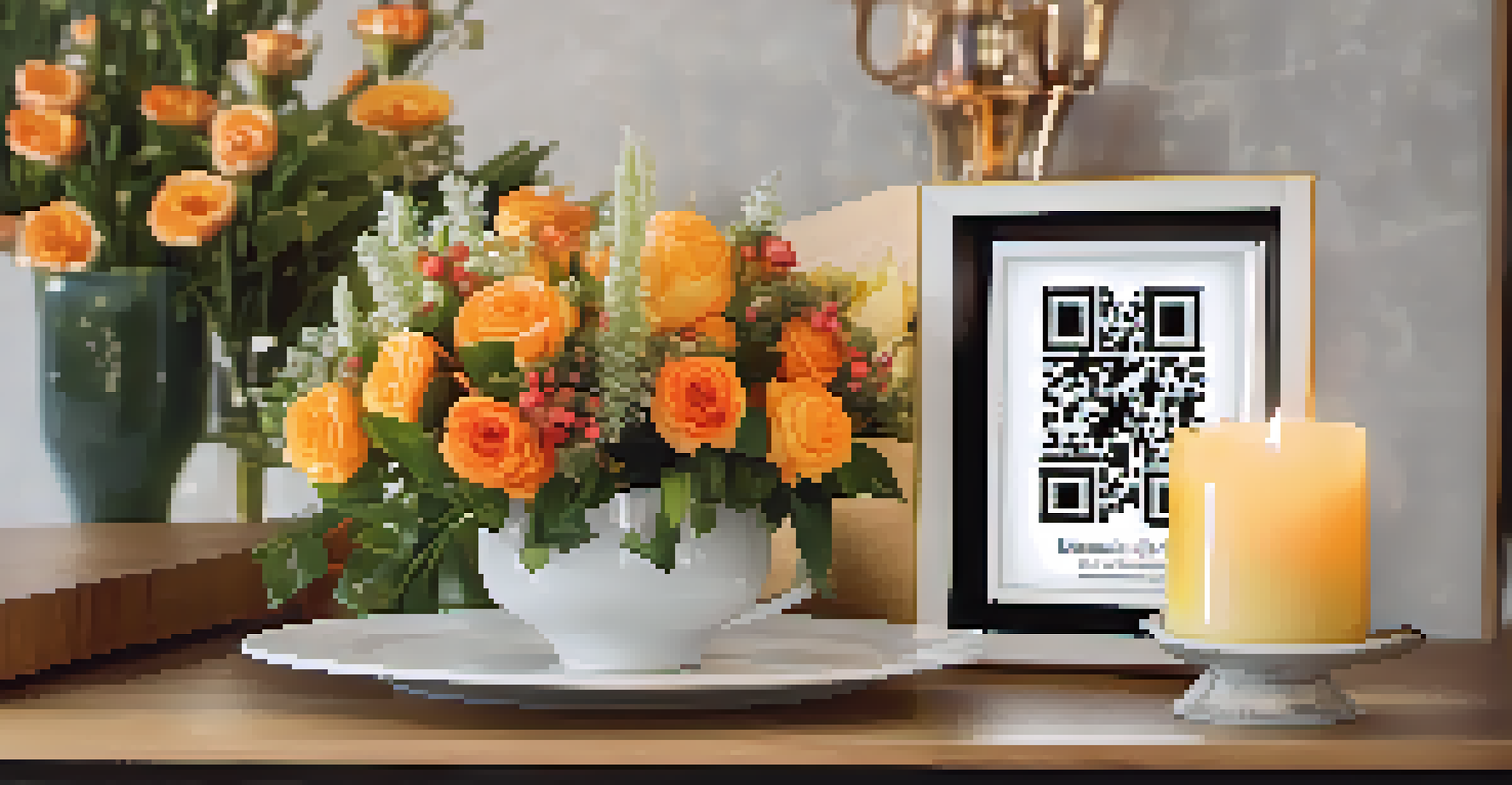 A close-up of a QR code on a stylish sign next to decorative elements in a dining area.