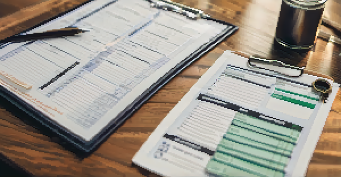 A property inspection checklist on a wooden table with a clipboard, pen, and house key, illuminated by natural light.