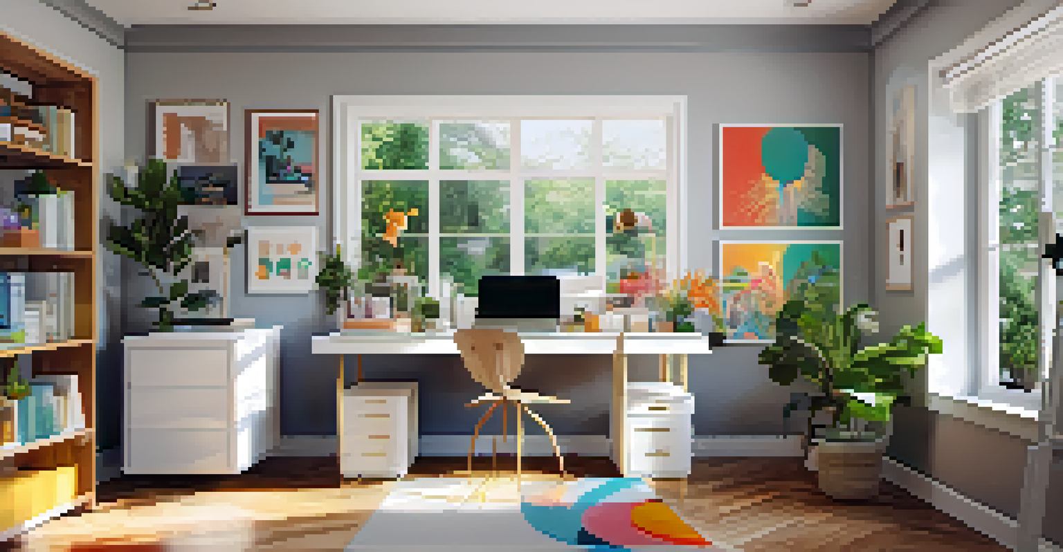 A vibrant home office with a colorful vision board, desk, plants, and bright artwork, well-lit and inspiring.
