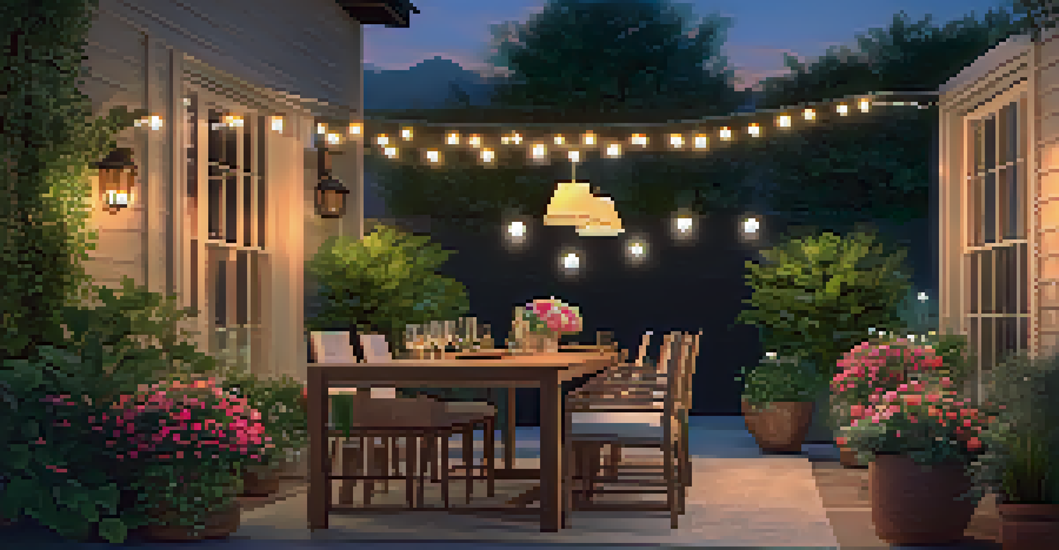 A peaceful outdoor patio with a wooden dining table, elegant chairs, vibrant flowers, and string lights, set against a beautiful sunset backdrop.