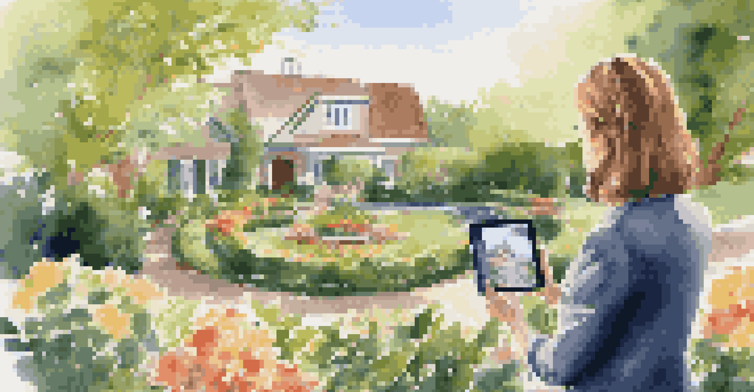 A real estate agent in a garden using a tablet for a virtual property tour, surrounded by blooming flowers and greenery.